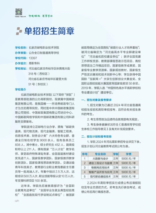 石家莊郵電職業(yè)技術(shù)學(xué)院2024年單招招生簡章