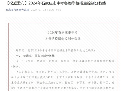 2024年石家莊市中考各類學(xué)校招生控制分?jǐn)?shù)線